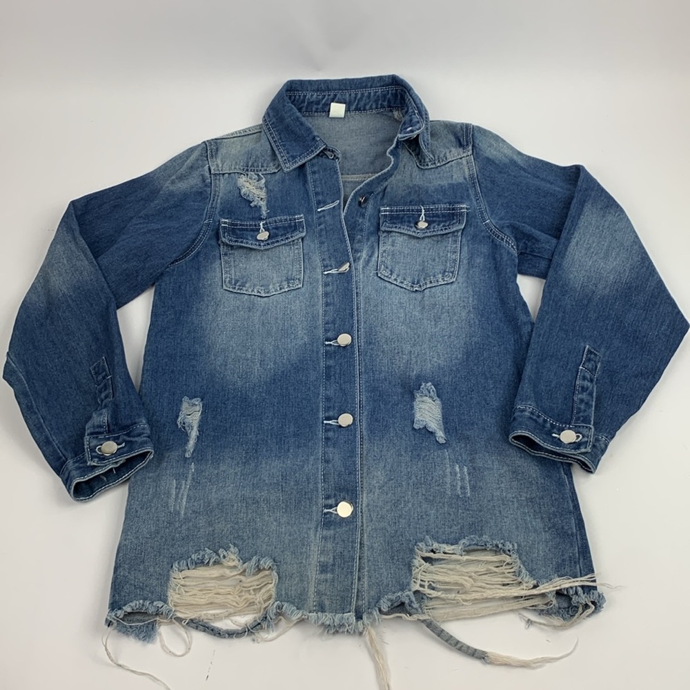 Distressed Denim Jean Jacket Coat Size Small Silver Button up Pocket Cotton NWOT